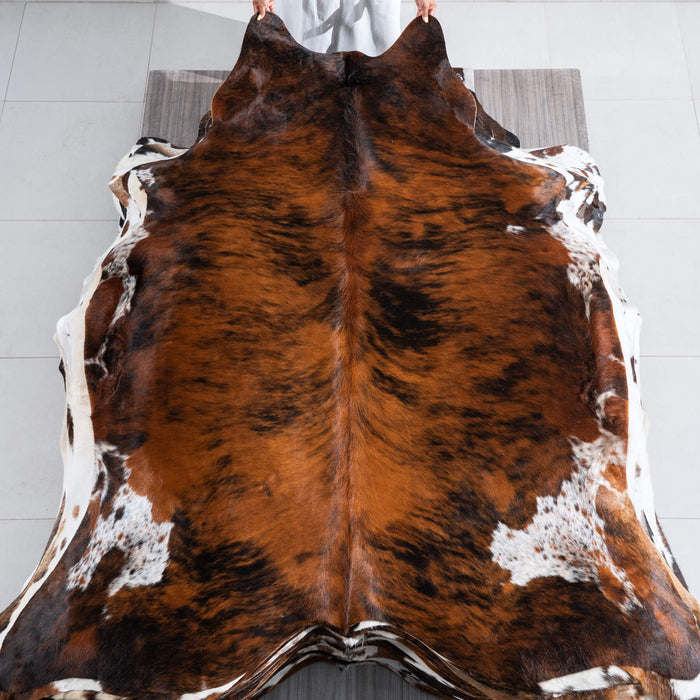 Tricolor Brindle Mix Cowhide Rug Size 7'4" L x 6'7" W 9617