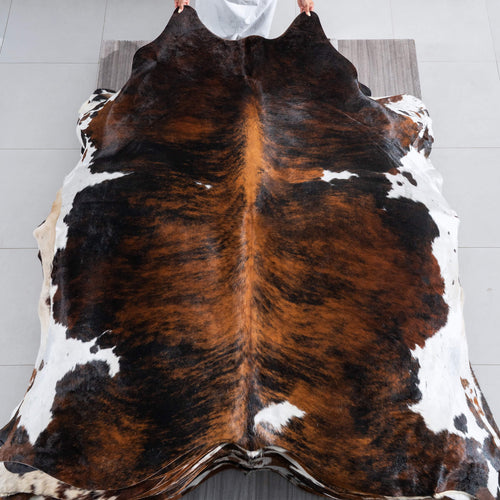 Tricolor Brindle Mix Cowhide Rug Size 7'6" L x 7'1" W 9625
