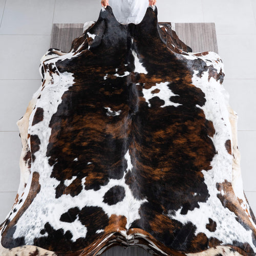 Dark Tricolor Cowhide Rug Size 7'1" L x 6'5" W 9626