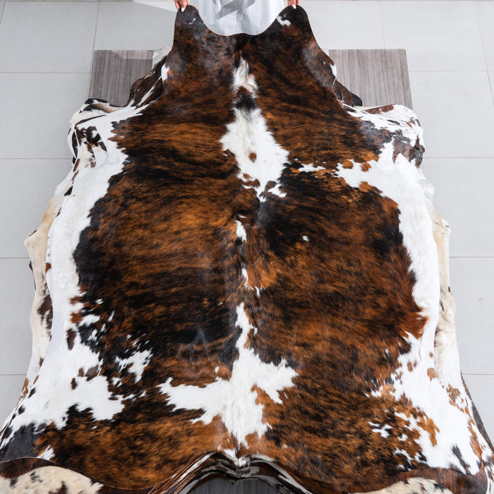 Tricolor Brindle Mix Cowhide Rug Size 7'4" L x 6'5" W 9627