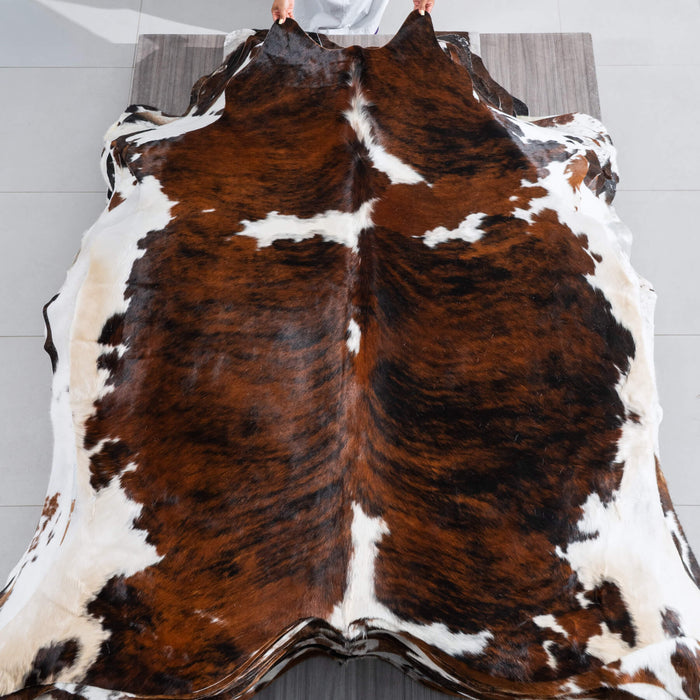 Tricolor Brindle Mix Cowhide Rug Size 7'1" L x 6'9" W 9630