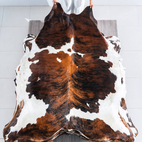 Tricolor Brindle Mix Cowhide Rug Size 7'9" L x 6'2" W 9635