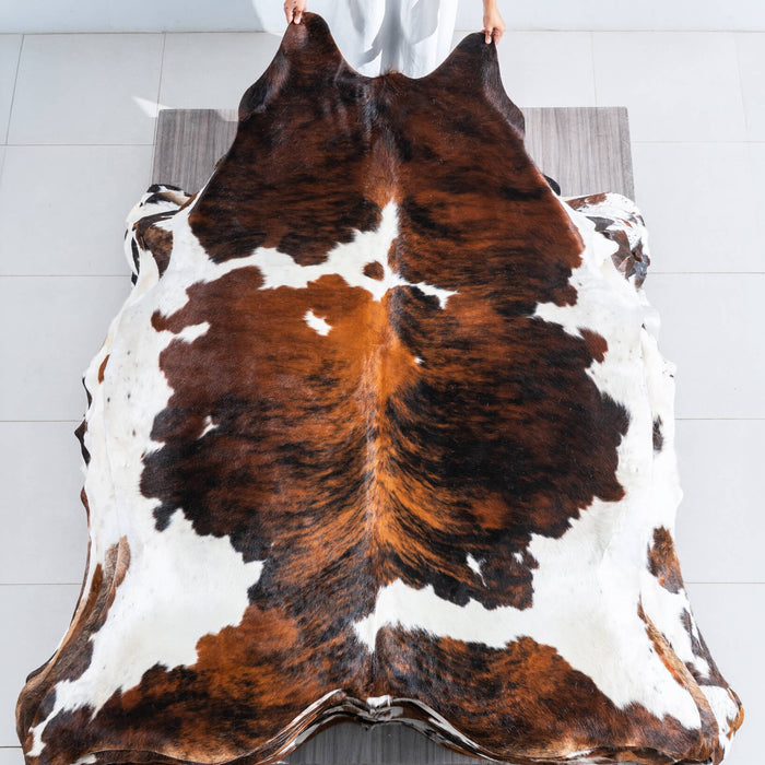 Tricolor Brindle Mix Cowhide Rug Size 7'9" L x 6'2" W 9635