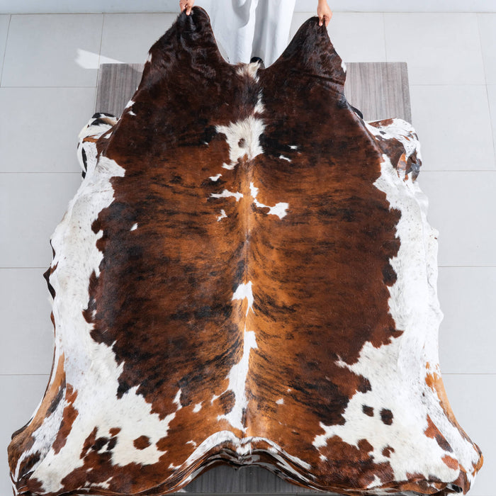 Tricolor Brindle Mix Cowhide Rug Size 7'7" L x 6'1" W 9638