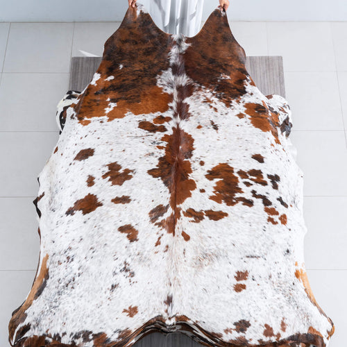 White Tricolor Cowhide Rug Size 7'11" L x 7'2" W 9639