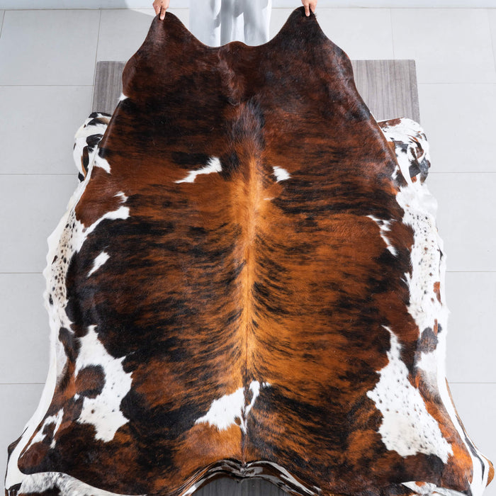 Tricolor Brindle Mix Cowhide Rug Size 7'3" L x 6'4" W 9651