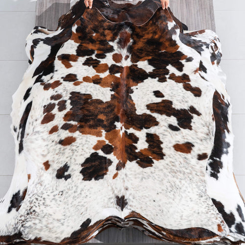 White Tricolor Cowhide Rug Size 6'4" L x 5'9" W 9652