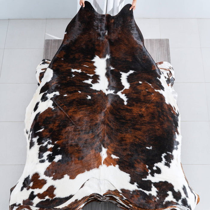 Tricolor Brindle Mix Cowhide Rug Size 8'3" L x 7'2" W 9653