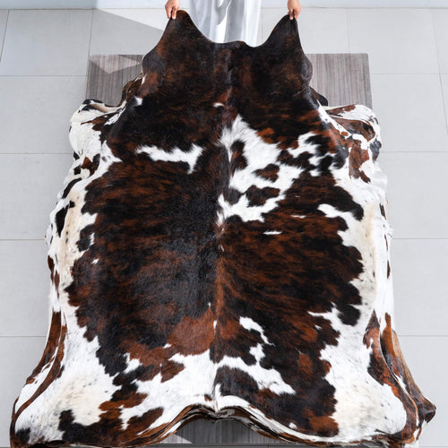 Dark Tricolor Cowhide Rug Size 7'4" L x 6'2" W 9666