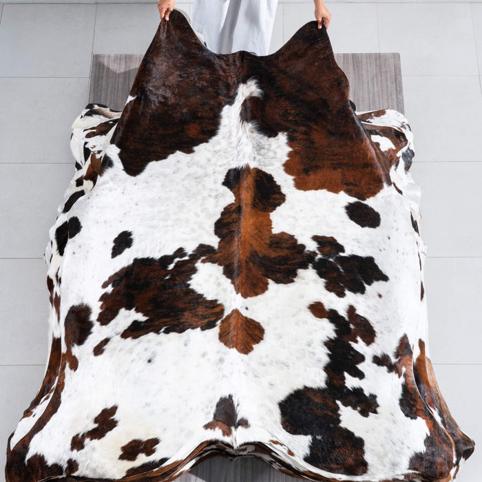 White Tricolor Cowhide Rug Size 7'3" L x 6'7" W 9667