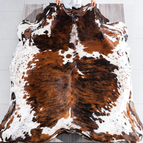 Tricolor Brindle Mix Cowhide Rug Size 6'7" L x 6'1" W 9672