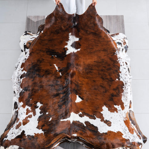 Tricolor Brindle Mix Cowhide Rug Size 7'2" L x 6'8" W 9676