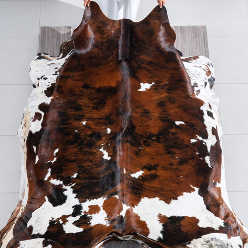 Tricolor Brindle Mix Cowhide Rug Size 7'2" L x 6'2" W 9679