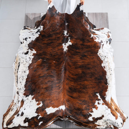 Tricolor Brindle Mix Cowhide Rug Size 7'2" L x 6'0" W 9680