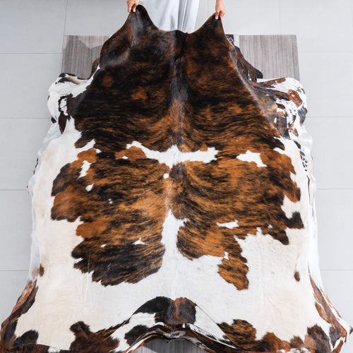 Tricolor Brindle Mix Cowhide Rug Size 7'3" L x 6'7" W 9685