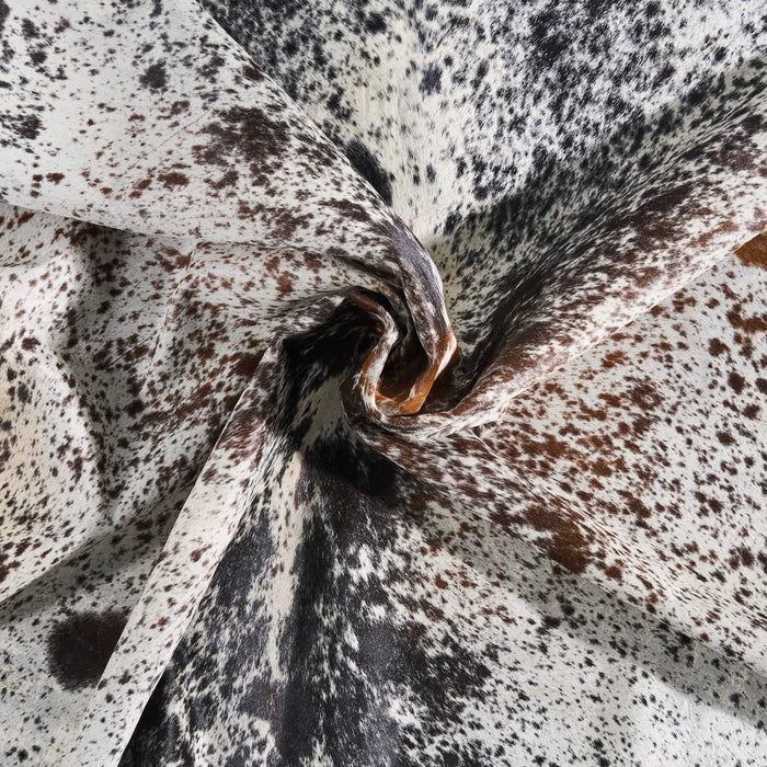 Vintage Chocolate and White Cowhide Rug Size 7'2" L x 6'5" W 9826