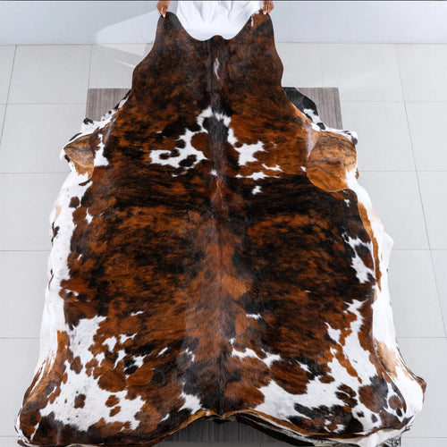 Tricolor Brindle Mix Cowhide Rug Size 8'0" L x 6'7" W 6201