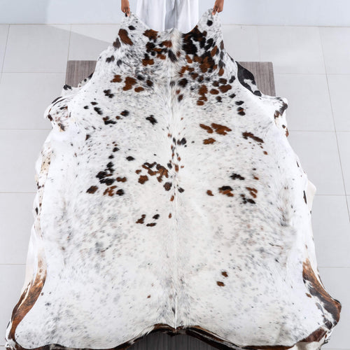 White Tricolor Cowhide Rug Size 7'8" L x 6'7" W 6204