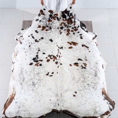 White Tricolor Cowhide Rug Size 7'8" L x 6'7" W 6204