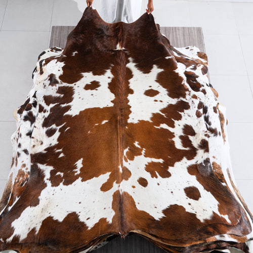 Brown and White Cowhide Rug Size 6'10" L x 6'1" W 5005