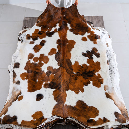 White Tricolor Cowhide Rug Size 7'4" L x 6'10" W 4006