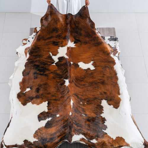 Tricolor Brindle Mix Cowhide Rug Size 7'5" L x 7'0" W 5412