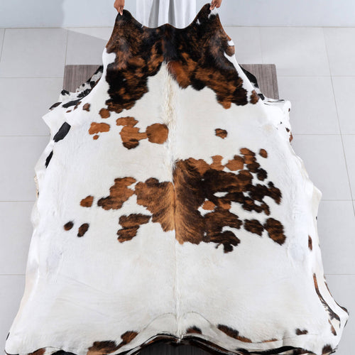 White Tricolor Cowhide Rug Size 7'5" L x 6'5" W 6214