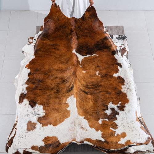 Tricolor Brindle Mix Cowhide Rug Size 7'3" L x 6'7" W 5417