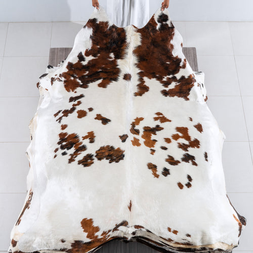White Tricolor Cowhide Rug Size 7'10" L x 6'10" W 6221