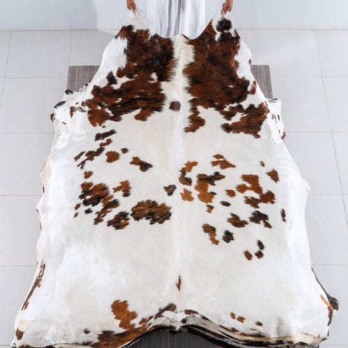 White Tricolor Cowhide Rug Size 7'10" L x 6'10" W 6221