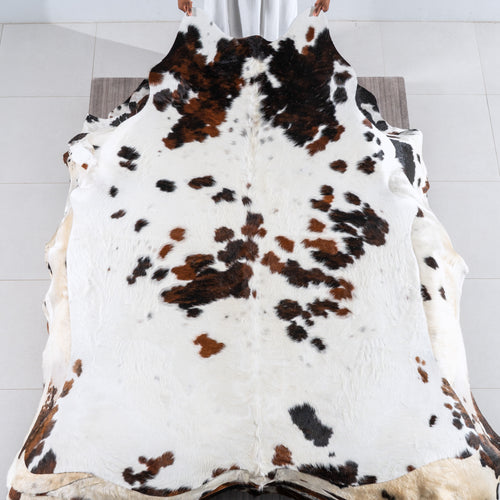 White Tricolor Cowhide Rug Size 7'2" L x 6'5" W 6223