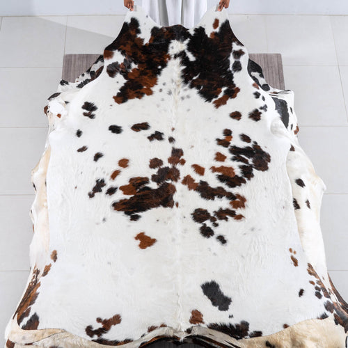 White Tricolor Cowhide Rug Size 7'2" L x 6'5" W 6223