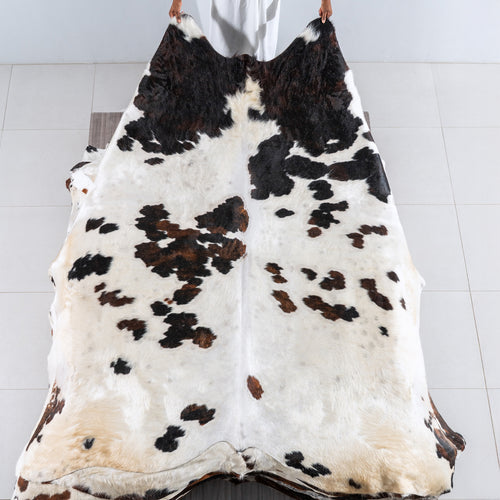 White Tricolor Cowhide Rug Size 8'5" L x 7'4" W 6224