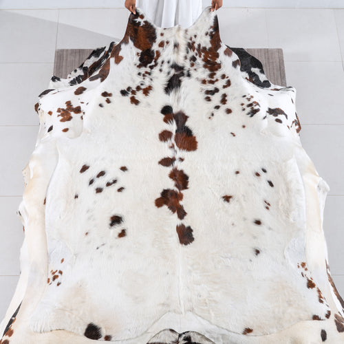 White Tricolor Cowhide Rug Size 6'8" L x 5'8" W 6226