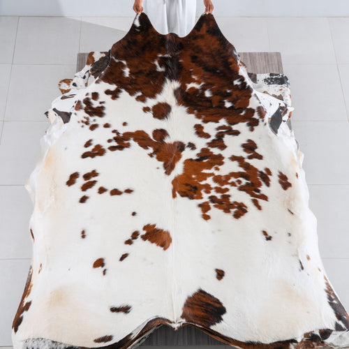 White Tricolor Cowhide Rug Size 7'3" L x 7'2" W 5427
