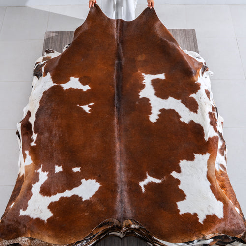 Brown and White Cowhide Rug Size 7'5" L x 6'8" W 4021