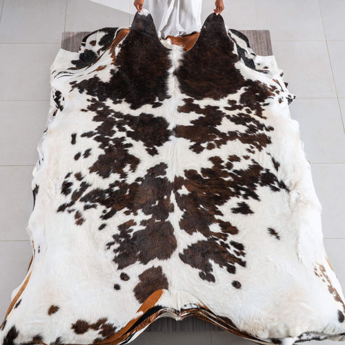 White Tricolor Cowhide Rug Size 7'7" L x 7'4" W 6430