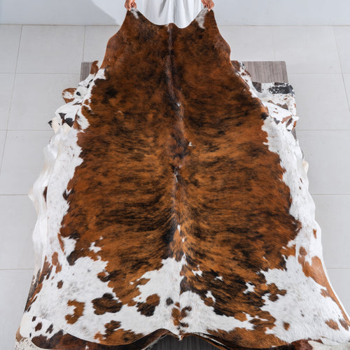 Tricolor Brindle Mix Cowhide Rug Size 7'8" L x 7'1" W 5434