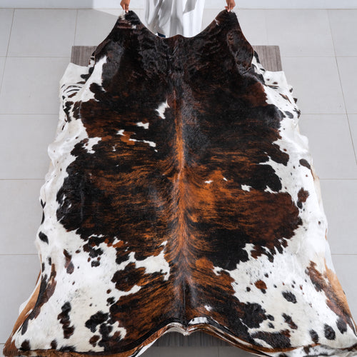Tricolor Brindle Mix Cowhide Rug Size 7'9" L x 6'10" W 6432