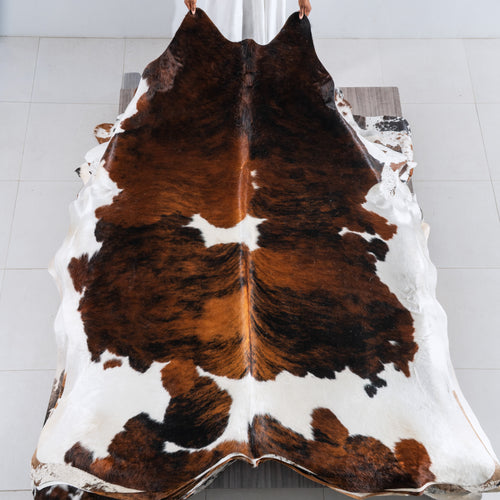 Tricolor Brindle Mix Cowhide Rug Size 8'0" L x 7'1" W 5436