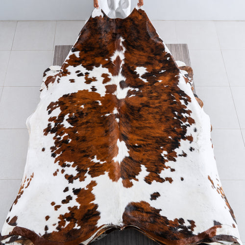 White Tricolor Cowhide Rug Size 8'2" L x 7'3" W 5036