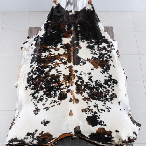 White Tricolor Cowhide Rug Size 8'2" L x 7'9" W 6237