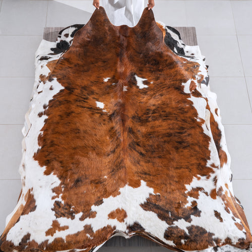 Tricolor Brindle Mix Cowhide Rug Size 7'6" L x 6'7" W 6435