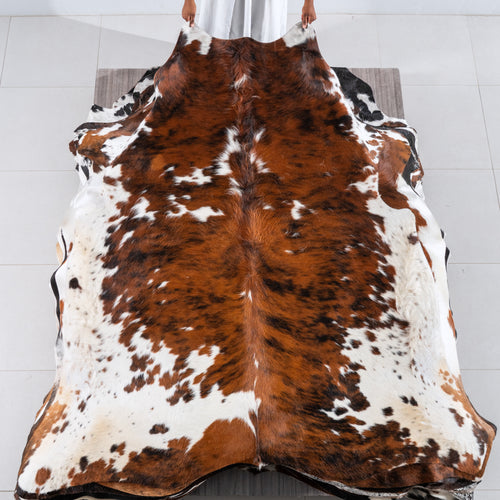 Tricolor Brindle Mix Cowhide Rug Size 7'3" L x 7'0" W 6240