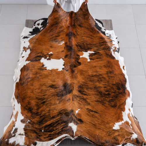 Tricolor Brindle Mix Cowhide Rug Size 7'8" L x 7'4" W 6437