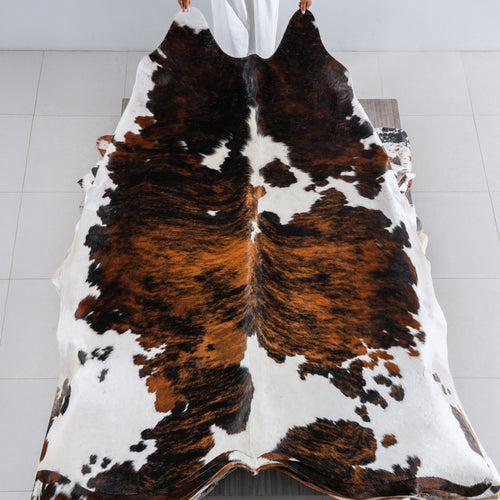 Tricolor Brindle Mix Cowhide Rug Size 8'2" L x 7'7" W 5440