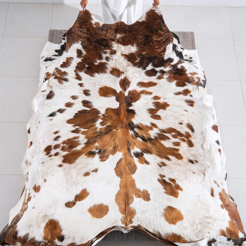 White Tricolor Cowhide Rug Size 7'7" L x 6'9" W 6438