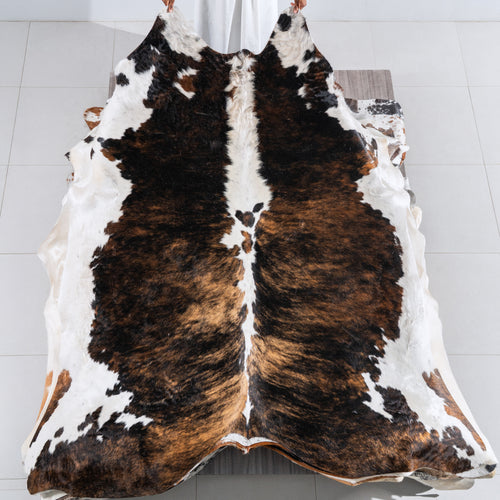 Tricolor Brindle Mix Cowhide Rug Size 8'6" L x 7'4" W 5442