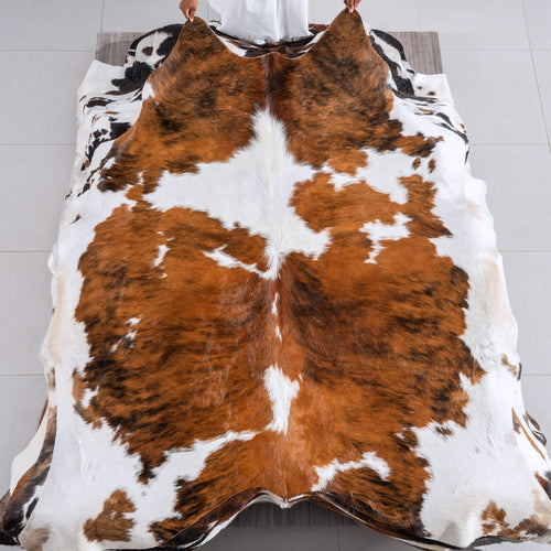 Tricolor Brindle Mix Cowhide Rug Size 7'2" L x 6'9" W 6441