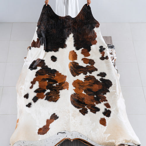 White Tricolor Cowhide Rug Size 8'7" L x 7'9" W 5444